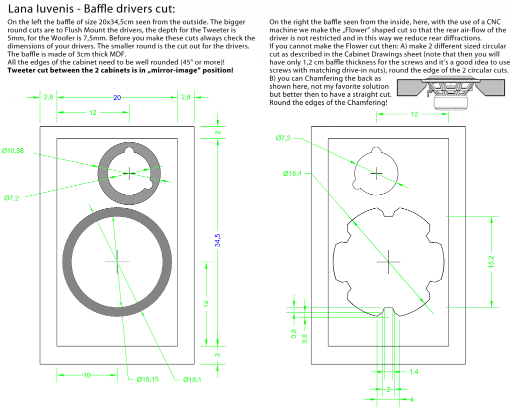 Baffle drawings of High Fidelity 2 way Loudspeaker Project DIY
