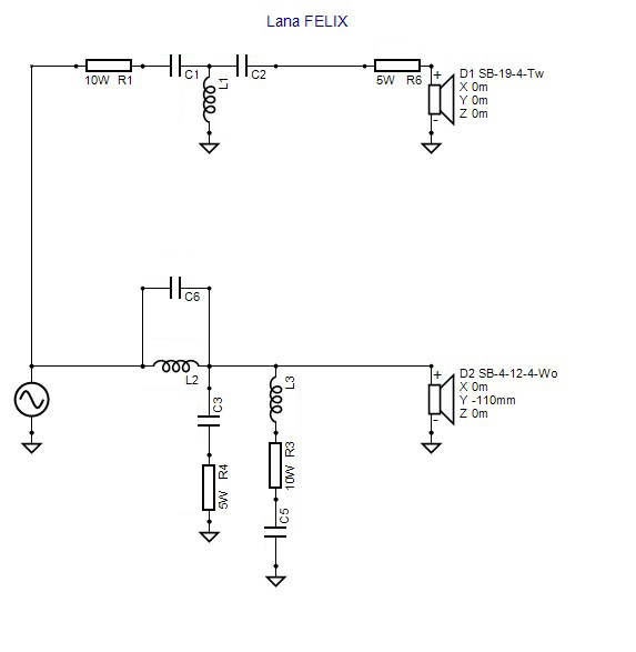 Crossover scheme of the Felix 2 way Amplified DIY Speaker, Mundorf, Jantzen, MOX Metalized Resistors